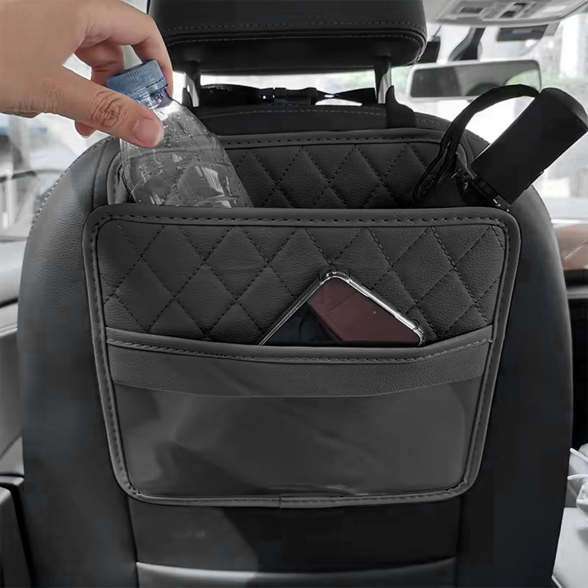 Car Seat Back Organizer, PU Leather Vehicle Backseat Hanging Storage Pocket, Multipurpose Auto Travel Essentials Accessories for Kids & Adults, Universal for Most Cars (Black)