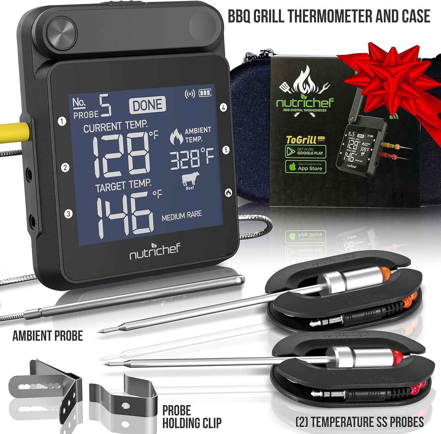 Smart BBQ Thermometer - Rechargeable Dual Probe System with Wifi & Bluetooth for Precise Grilling, Easy-To-Read Digital Display, Compatible with Any Smartphone for Outdoor Barbecue & Smoker