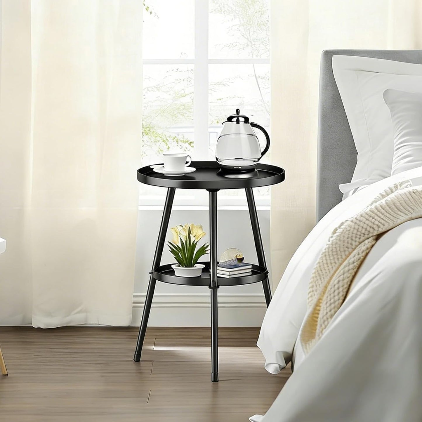 round Metal Side Table Small End Table for Indoor Outdoor, Mid Century Modern Decor, Simple Circle Accent Table for Living Room Bedroom Bathroom Office All Matte Black