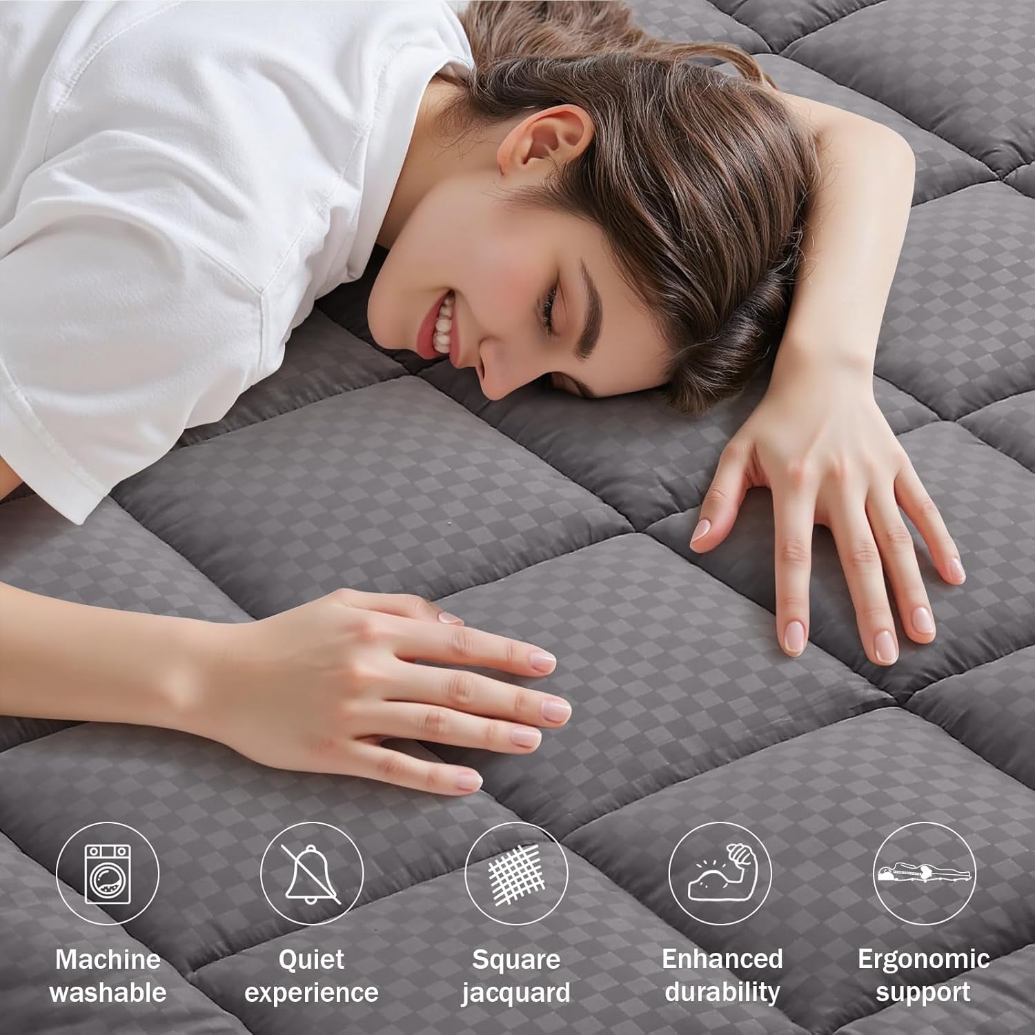 Full Quilted Fitted Mattress Pad – Soft down Alternative Pillow Top Mattress Topper, Cooling Comfort Breathable Mattress Cover, Machine Washable Deep Pocket Mattress Protector, Dark Grey
