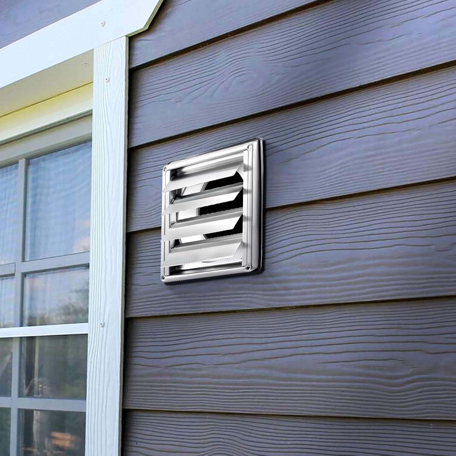 6 Inch Wall Vent Cover, Louvered Square AC Vent Gable Cover, Premium Stainless Steel & with Noise Reducing Rubber Gasket, for House,Bathroom,Garage,Kitchen,Basement (1 Pack, Silver)