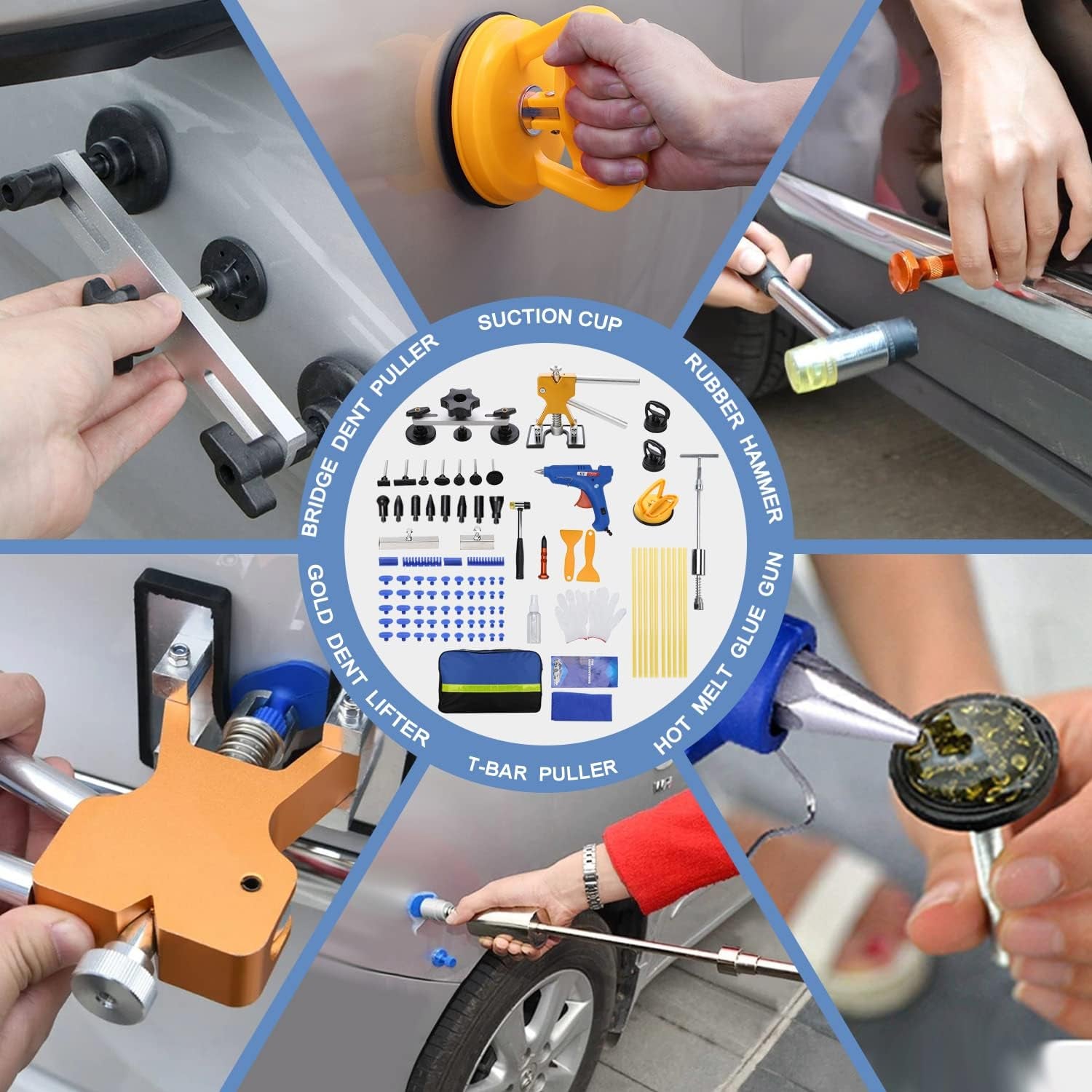 97PCS Dent Puller Kit, Paintless Auto Body Dent Repair Kit with Golden Lifter, Slide Hammer T-Bar Dent Puller, Bridge Puller, Suction Cup and Glue Gun for Car Dent Remove Auto Body Dent Removal Kit