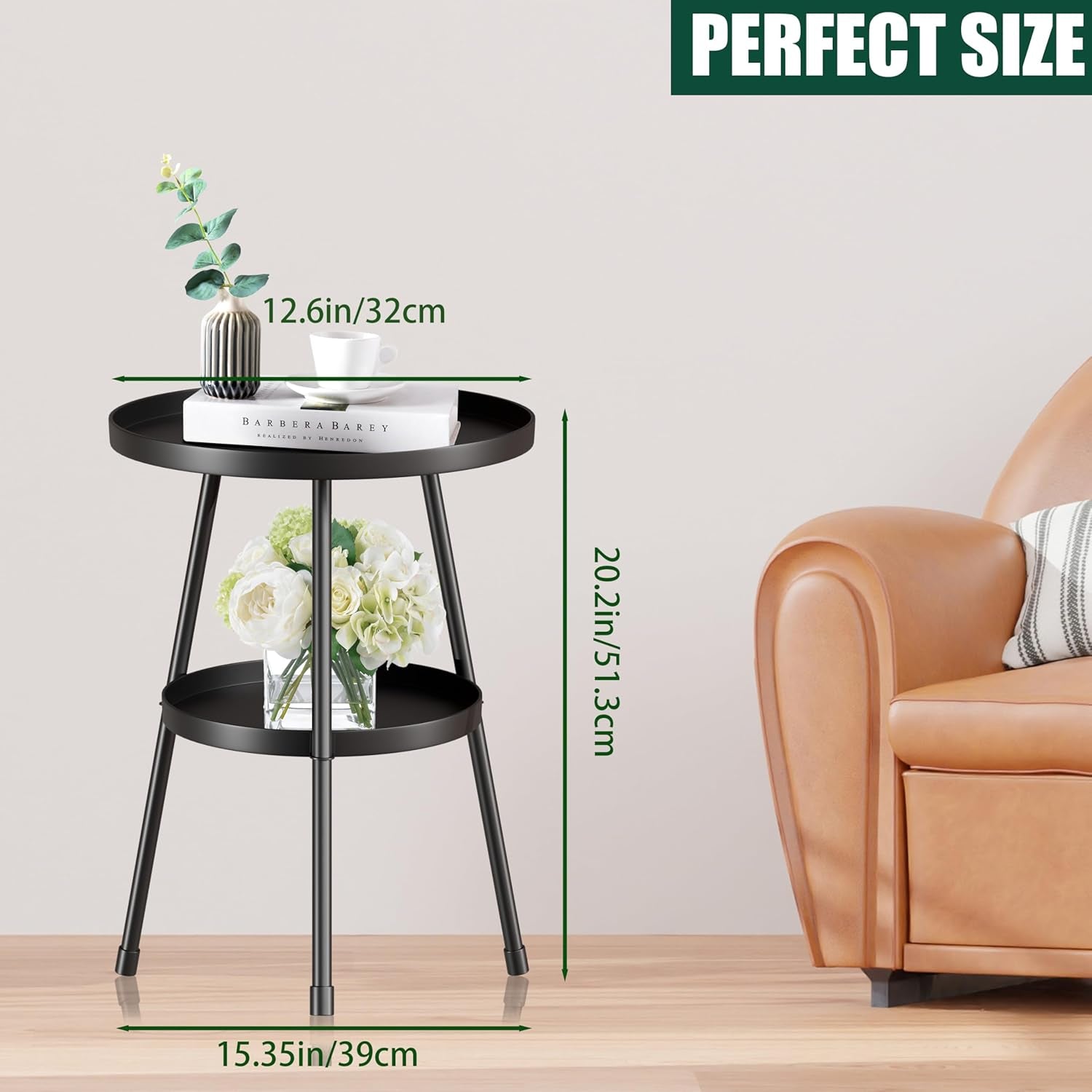 round Metal Side Table Small End Table for Indoor Outdoor, Mid Century Modern Decor, Simple Circle Accent Table for Living Room Bedroom Bathroom Office All Matte Black