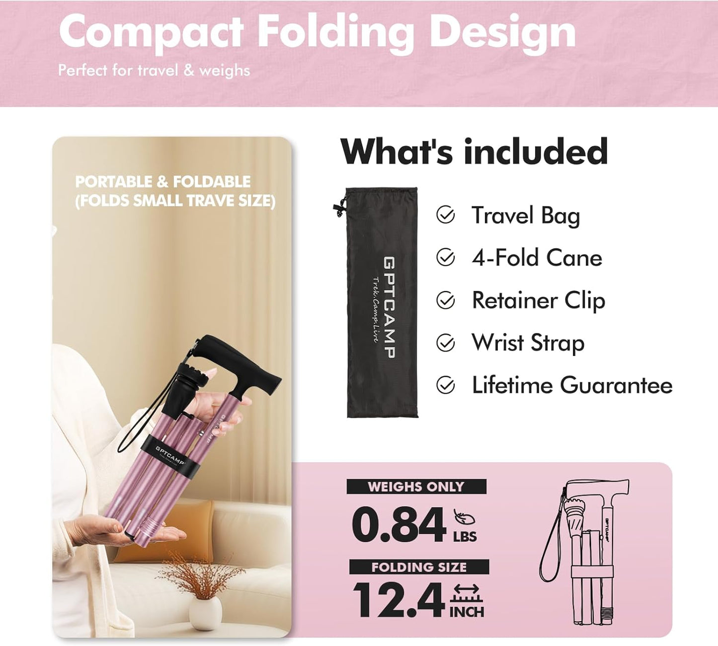 G2 Walking Stick, Fold-Up Walking Cane for Women and Men with Wrist Strap, Portable, Foldable, Collapsible, Lightweight and Sturdy with Comfortable T Handle