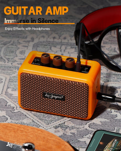 Mini Guitar Amplifier - 5W Dual Speaker BT Wireless Guitar Amp， Rechargeable Battery, Clean/Overdrive Modes, Headphone Jack,Ideal for Practice & Performance (Orange)