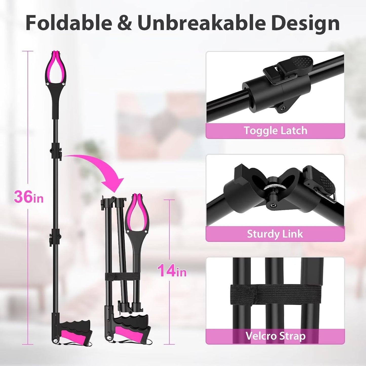 36" Grabber Reacher Tool, Foldable Reacher Grabber Pickup Tool with 360° Rotating Jaw & Two Magnets, Extra Long Trash Picker Upper Grabber, Lightweight Grabbers for Seniors, Pink