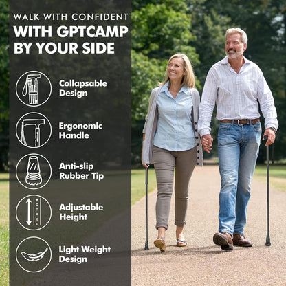 G2 Walking Stick, Fold-Up Walking Cane for Women and Men with Wrist Strap, Portable, Foldable, Collapsible, Lightweight and Sturdy with Comfortable T Handle