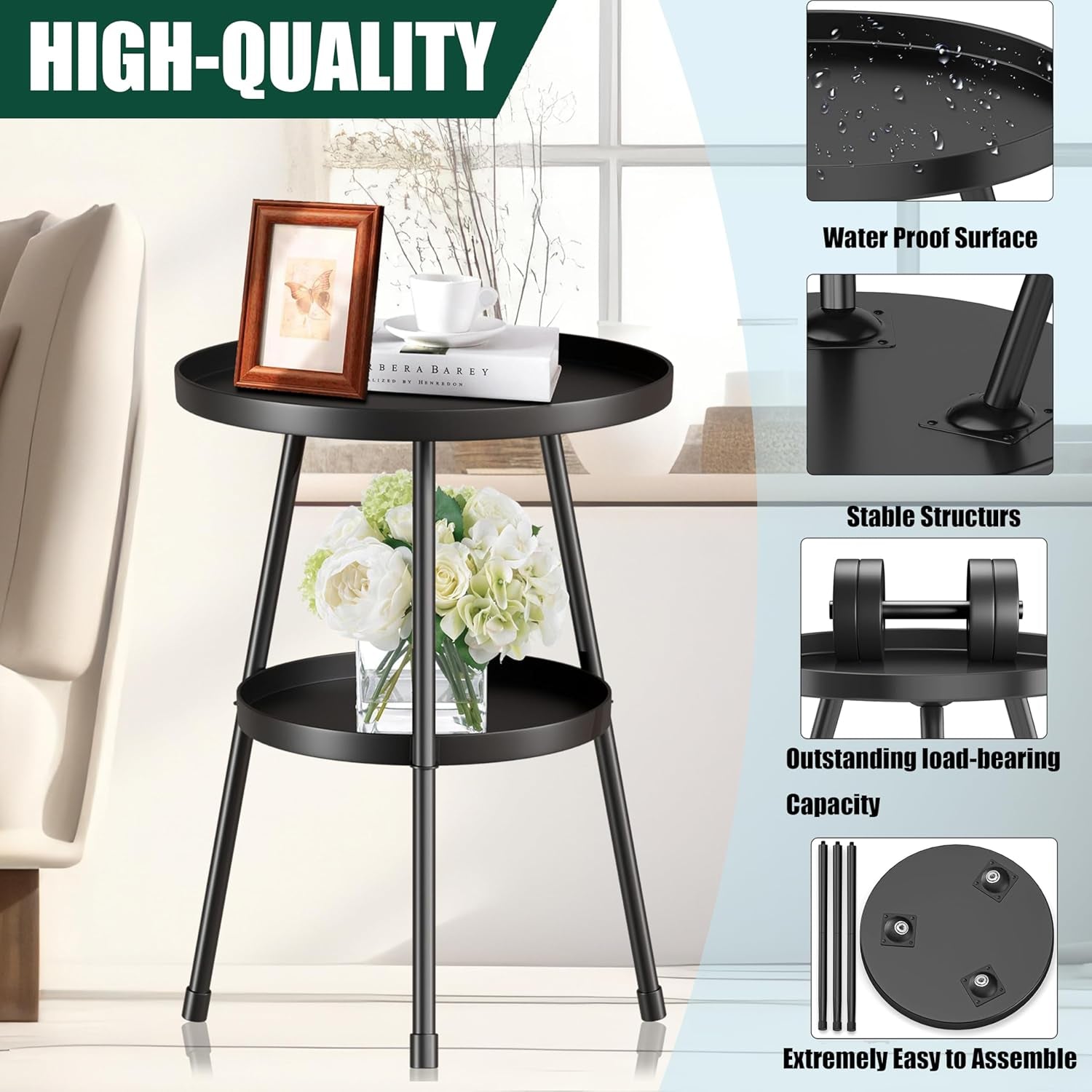 round Metal Side Table Small End Table for Indoor Outdoor, Mid Century Modern Decor, Simple Circle Accent Table for Living Room Bedroom Bathroom Office All Matte Black