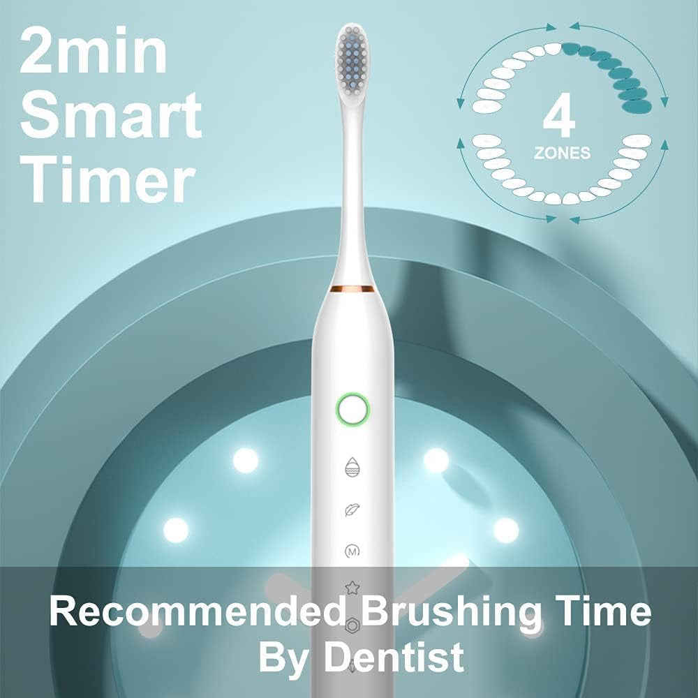 Electric Toothbrush for Adults and Kids, Wireless Rechargeable Tooth Brush with 6 Replacement Heads, 6 Modes, Deep Clean Sonic Toothbrush to Protect Gums, USB Fast Charging, 2 Minute Timer