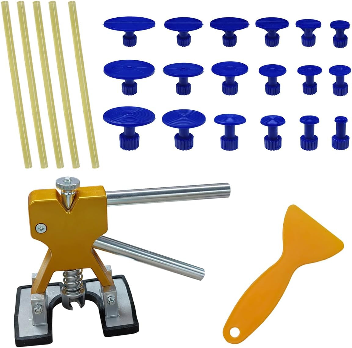 Paintless Car Dent Puller Kit, Auto Body Dent Repair Tool Kit with 18 Tabs, 5 Sticker and Scraper, Golden Lifter Dent Remover for Vehicle Hail Damage Repair & Other Metal Surface