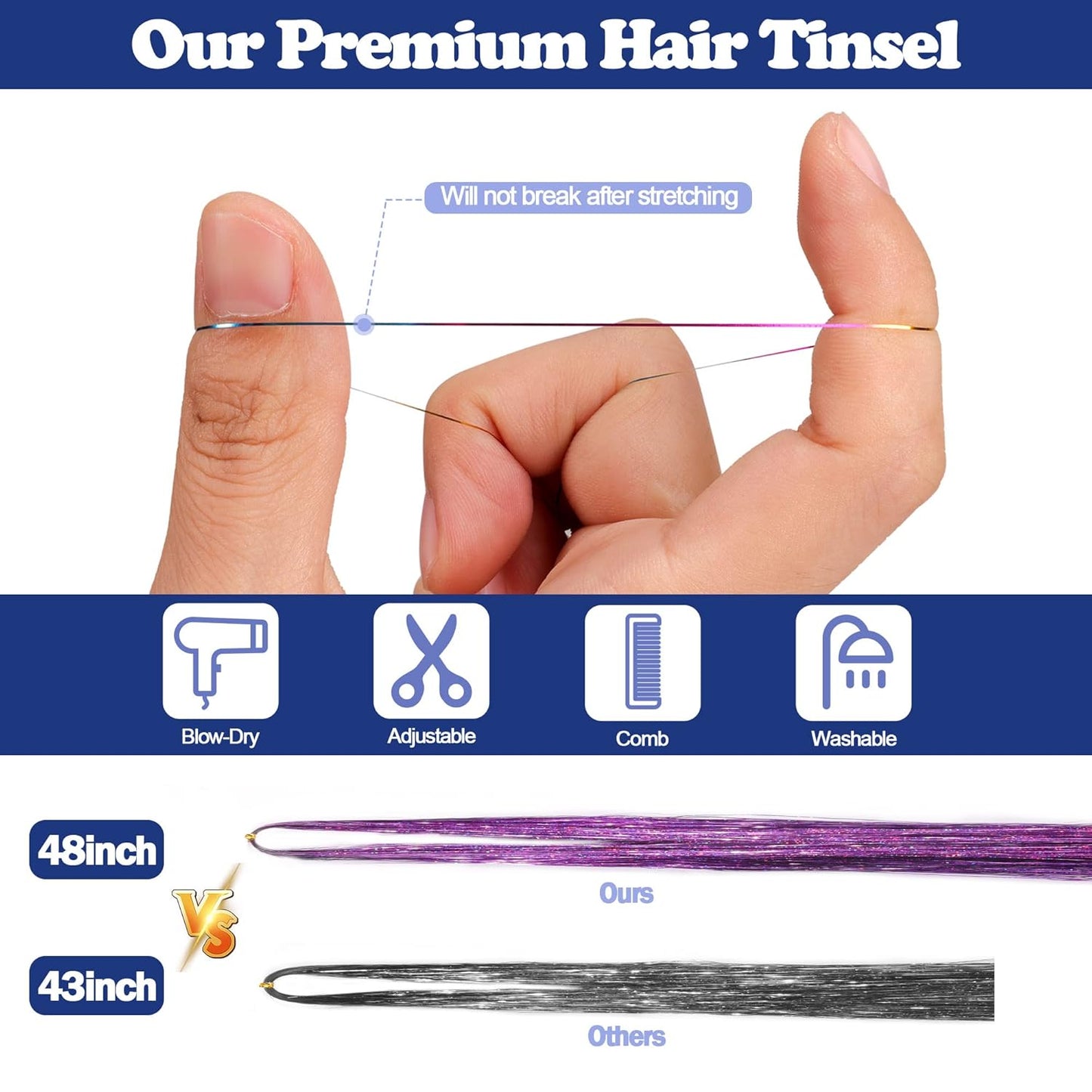 16 Colors Hair Tinsel Kit,  48 Inches 3300 Strands Tinsel Hair Extensions, Fairy for Christmas Halloween Cosplay Party, Highlights Sparkling Glitter Hair