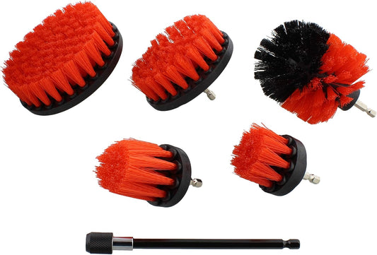1/4In Drive Nylon Power Scrubber Drill Brush Attachment 5Pc Set with 1Pc Extension - Shower Cleaner, Spa Hot Tub Scrubber, Carpet Brush, Grout Cleaner for Home and Auto Car - Red Stiff Bristle