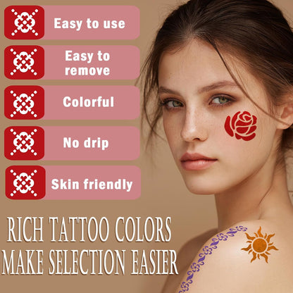 Temporary Tattoo Markers for Kids and Adults, 12 Metallic Markers and 155 Tattoo Stencil Designs, Cosmetic Tattoos Pens for Party Favor Gift and Face Painting