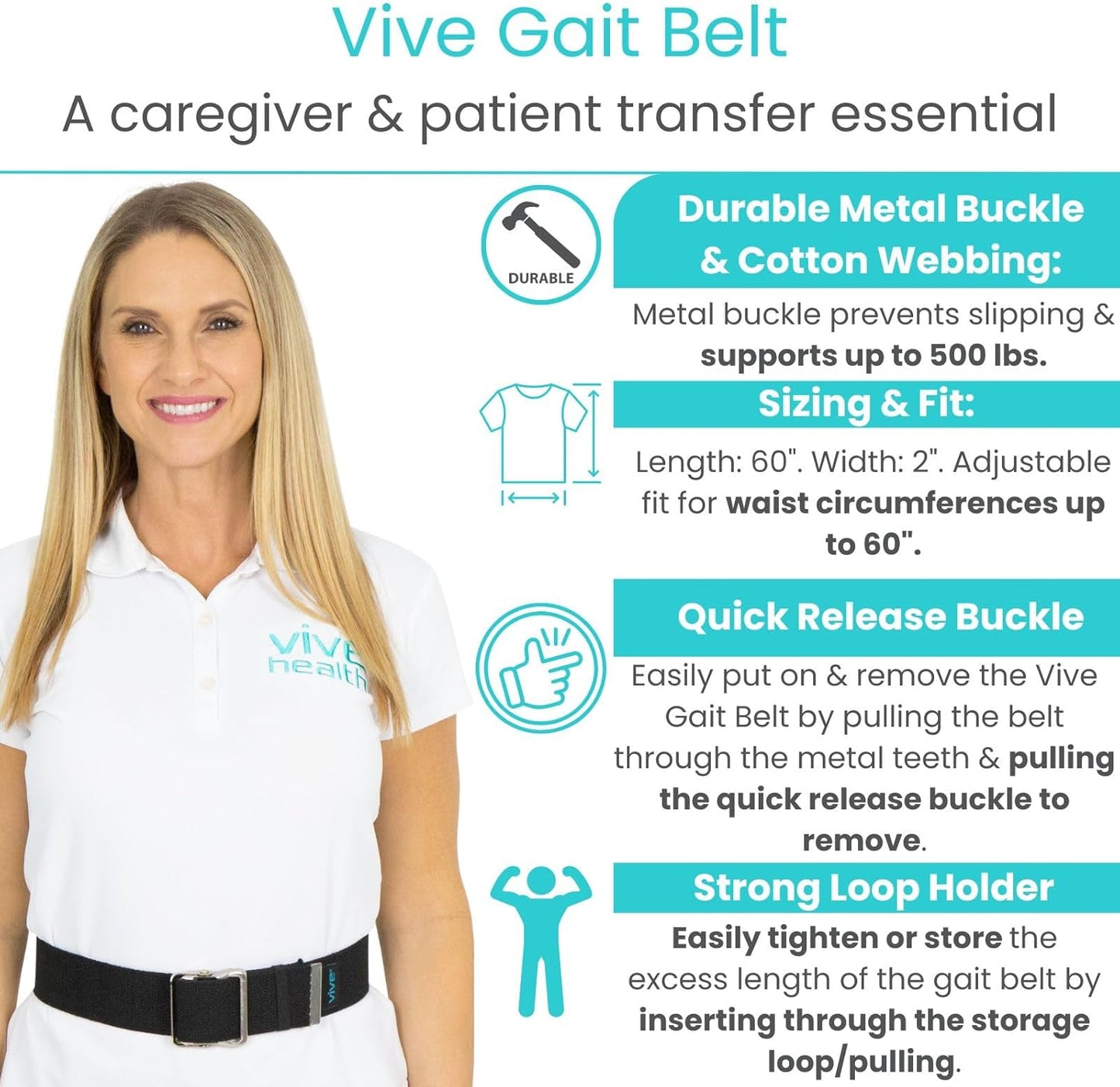 Gait Belt (60 Inch) - Transfer Assist Device for Caregiver, Nurse, Therapist, Seniors, Elderly, Bariatric, Occupational and Physical Therapy - Medical Nursing Safety - Walking & Standing Aid