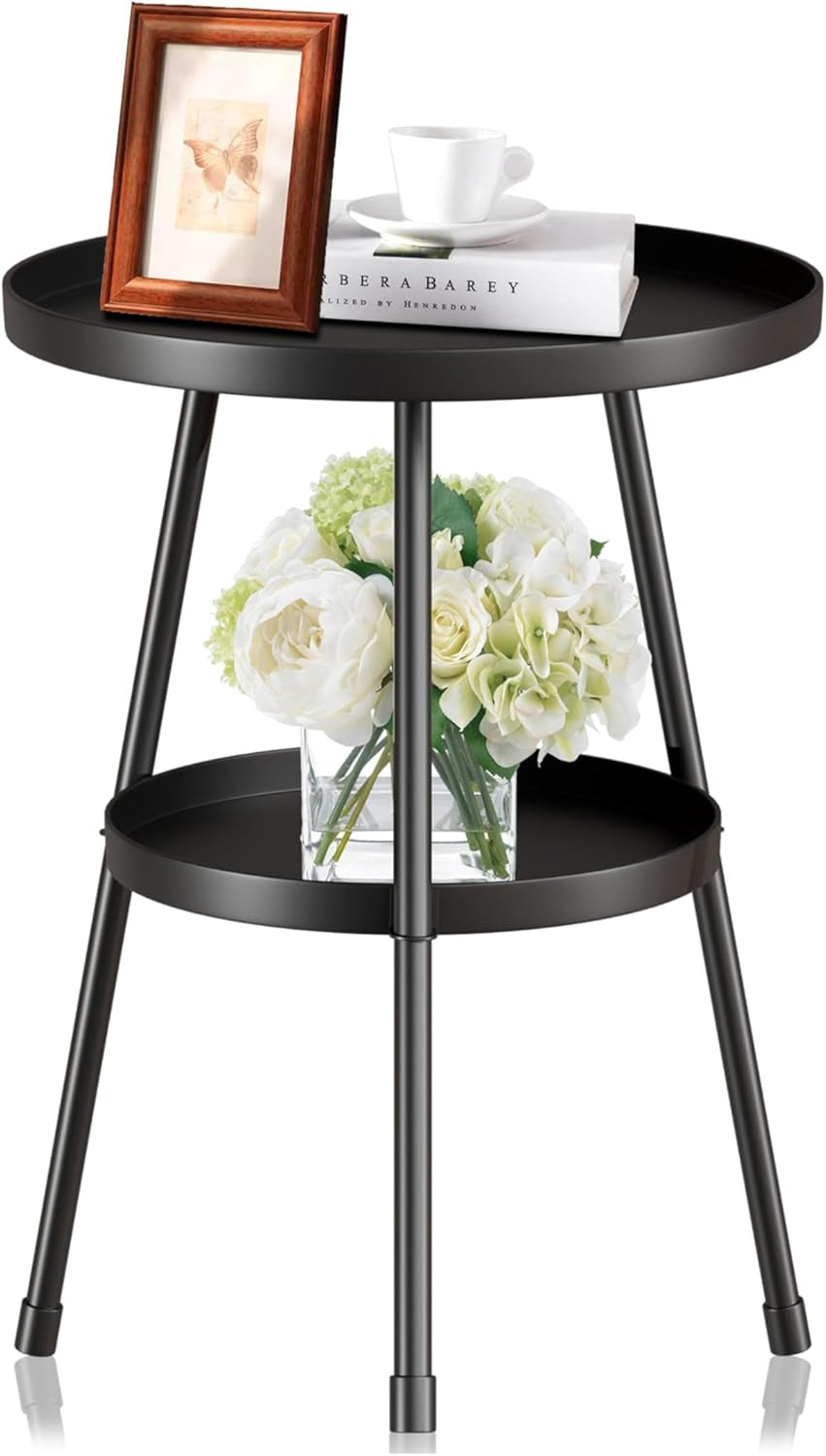 round Metal Side Table Small End Table for Indoor Outdoor, Mid Century Modern Decor, Simple Circle Accent Table for Living Room Bedroom Bathroom Office All Matte Black