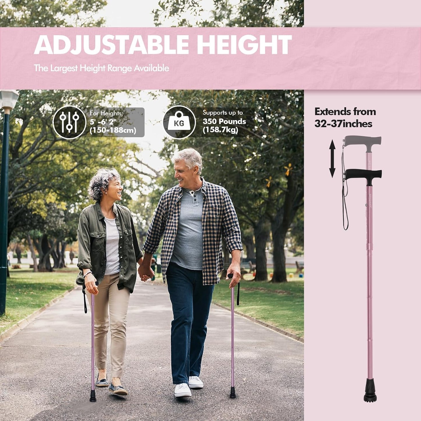 G2 Walking Stick, Fold-Up Walking Cane for Women and Men with Wrist Strap, Portable, Foldable, Collapsible, Lightweight and Sturdy with Comfortable T Handle