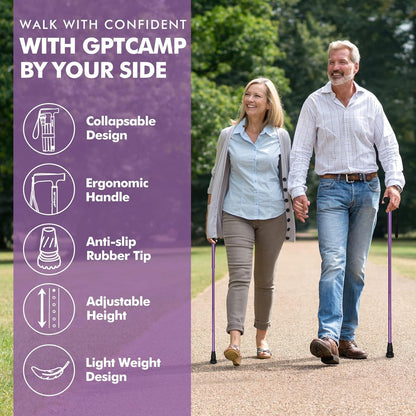 G2 Walking Stick, Fold-Up Walking Cane for Women and Men with Wrist Strap, Portable, Foldable, Collapsible, Lightweight and Sturdy with Comfortable T Handle