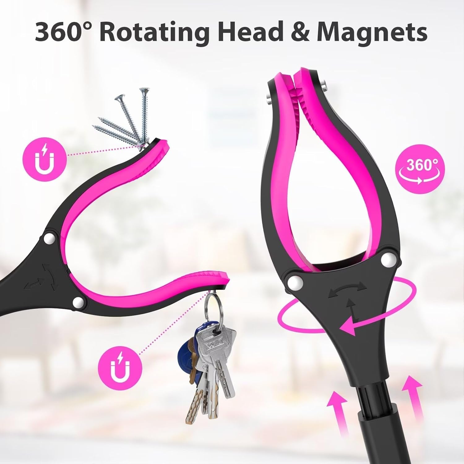 36" Grabber Reacher Tool, Foldable Reacher Grabber Pickup Tool with 360° Rotating Jaw & Two Magnets, Extra Long Trash Picker Upper Grabber, Lightweight Grabbers for Seniors, Pink