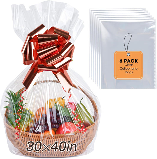 6PCS Extra Large Cellophane Bags, 30X40 Inches Clear Cellophane Wrap for Gift Baskets, Jumbo Huge Packaging Clear Gift Bags 2.8 Mil Thick