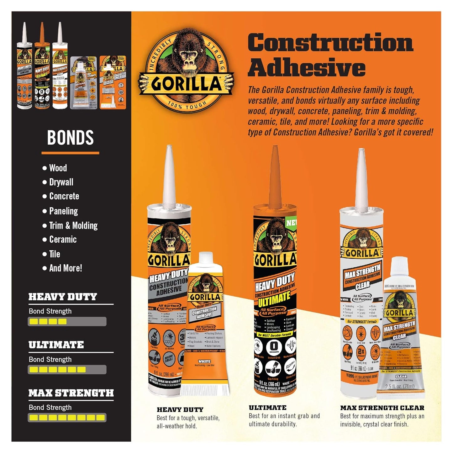 Max Strength Construction Adhesive, Clear Glue, 2.5 Ounce Squeeze Tube (Pack of 2) - Gap Filling and Waterproof