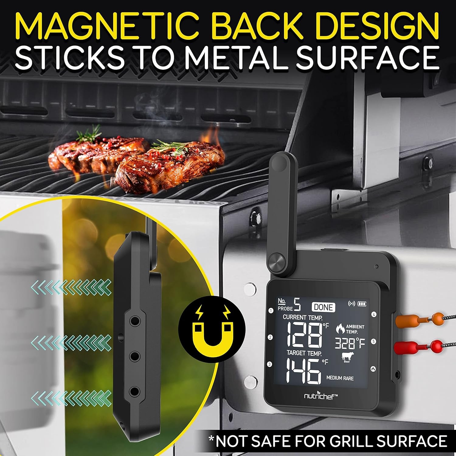 Smart BBQ Thermometer - Rechargeable Dual Probe System with Wifi & Bluetooth for Precise Grilling, Easy-To-Read Digital Display, Compatible with Any Smartphone for Outdoor Barbecue & Smoker