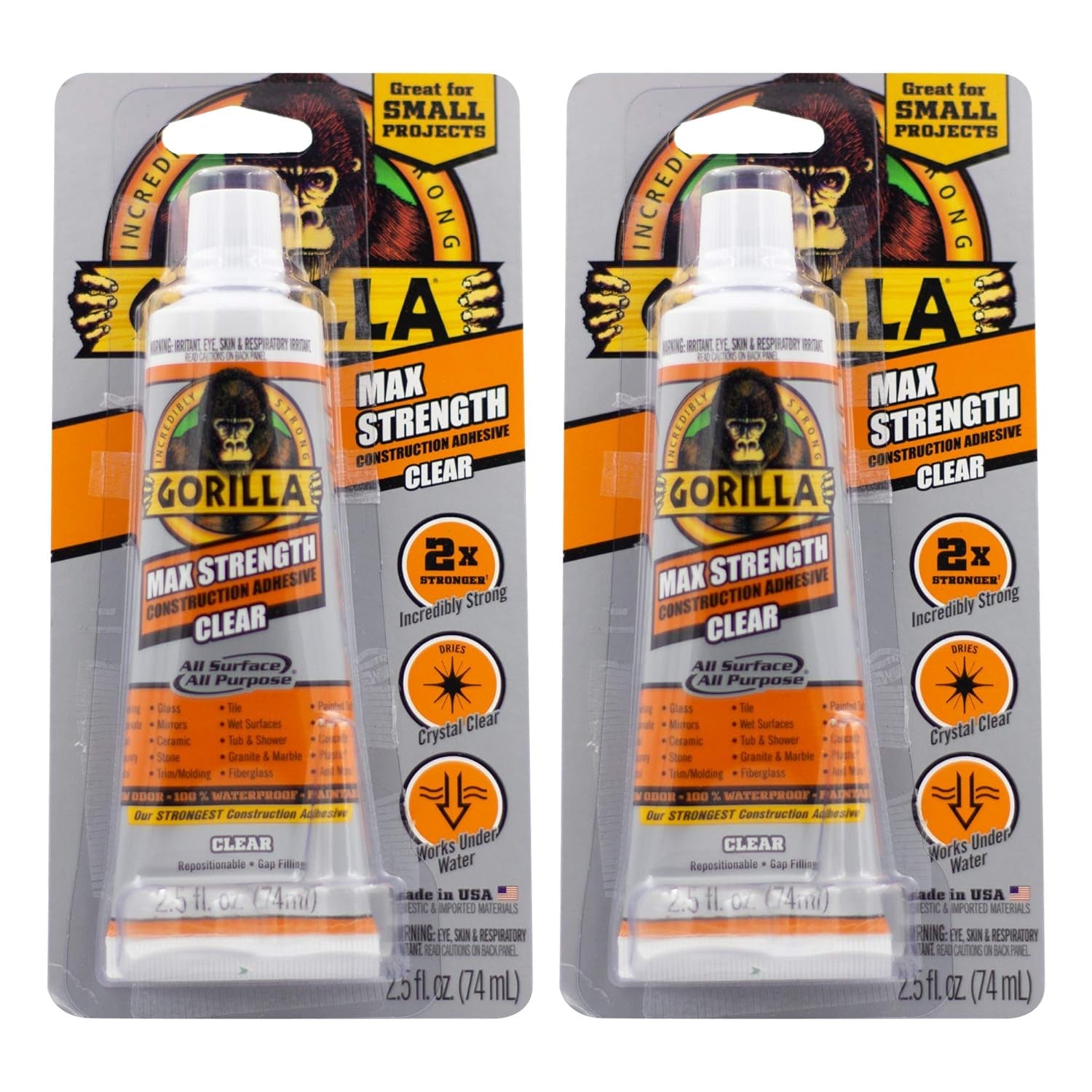 Max Strength Construction Adhesive, Clear Glue, 2.5 Ounce Squeeze Tube (Pack of 2) - Gap Filling and Waterproof