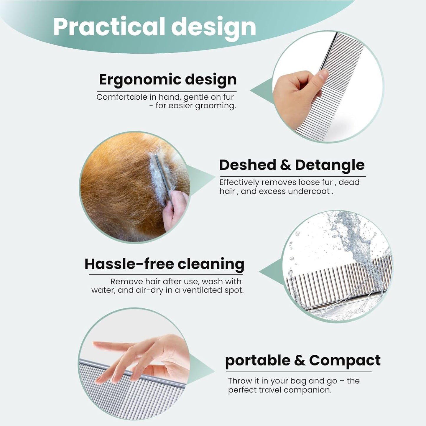 [3 Pack] Stainless Steel Pet Comb Set – Grooming Combs for Dogs & Cats, Large Medium Small Sizes – Detangler, Undercoat Rake, Flea Removal Tool for Long, Short, Curly Hair