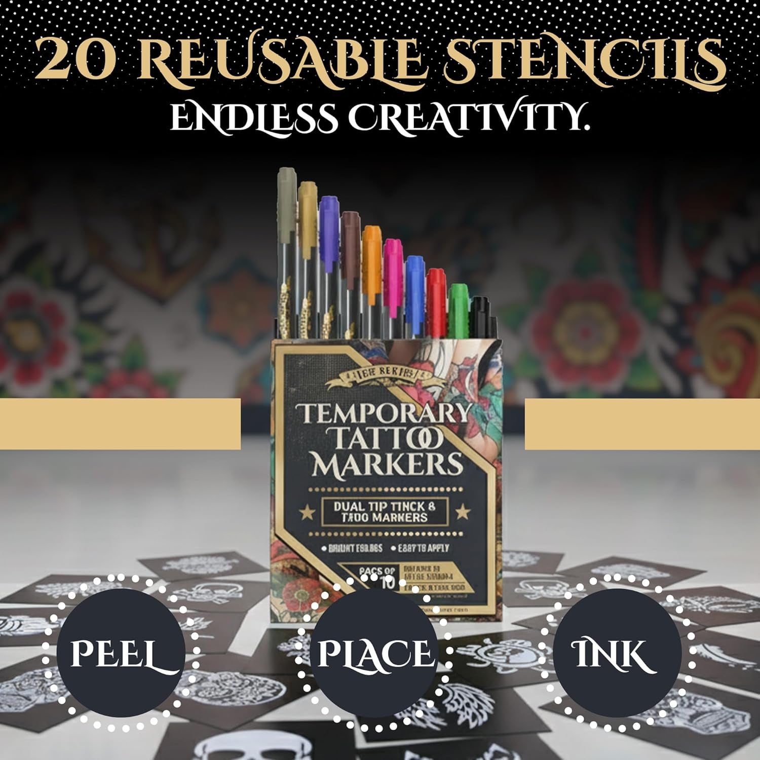 Tattoo Pen Kit for Skin – 10 Temporary Tattoo Markers with Dual Tips & 20 Stencils, Body-Safe Ink for Face, Hands & Arms – Fun Body Art Pens for Kids, Teens, Parties, Festivals & Costume Design