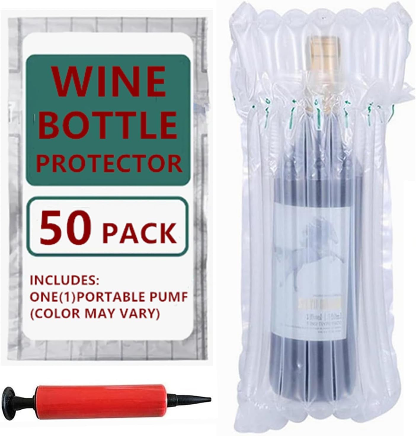 Wine Bottle Protector Bag for Travel, 50 Packs Inflatable Packaging Bubble Wrap for Wine Fruit Glass Bottle, Inflatable Air Column Cushion Bags with Free Pump in Airplane Cushioning