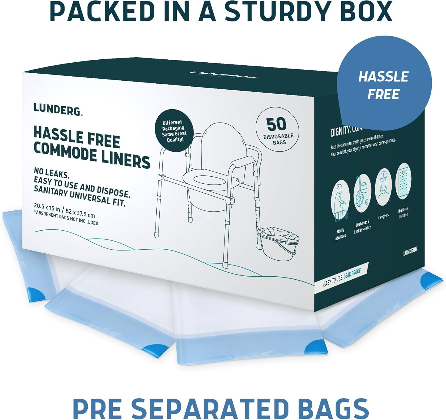 Commode Liners - Value Pack 50 Count Universal Fit - Medical Grade Bedside Commode Liners Disposable for Adult Commode Chair, Portable Toilet Bags or Camping Toilet Bags