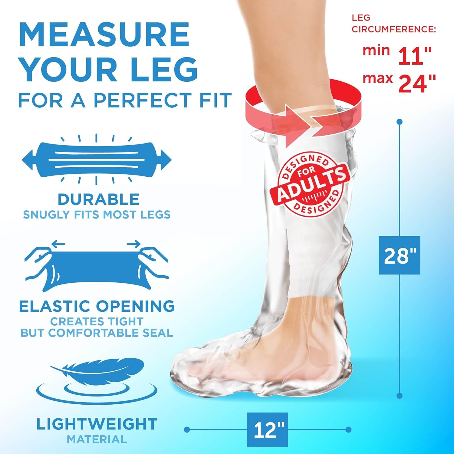 100% Waterproof Cast Covers for Shower Leg - 2Pk - Tight Seal - Reusable Adult Half Leg Cast Protectors - Knee, Ankle, Foot - after Surgery Bandage and Dressing Cast Bag for Wounds and Burns
