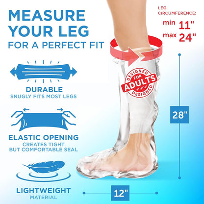 100% Waterproof Cast Covers for Shower Leg - 2Pk - Tight Seal - Reusable Adult Half Leg Cast Protectors - Knee, Ankle, Foot - after Surgery Bandage and Dressing Cast Bag for Wounds and Burns