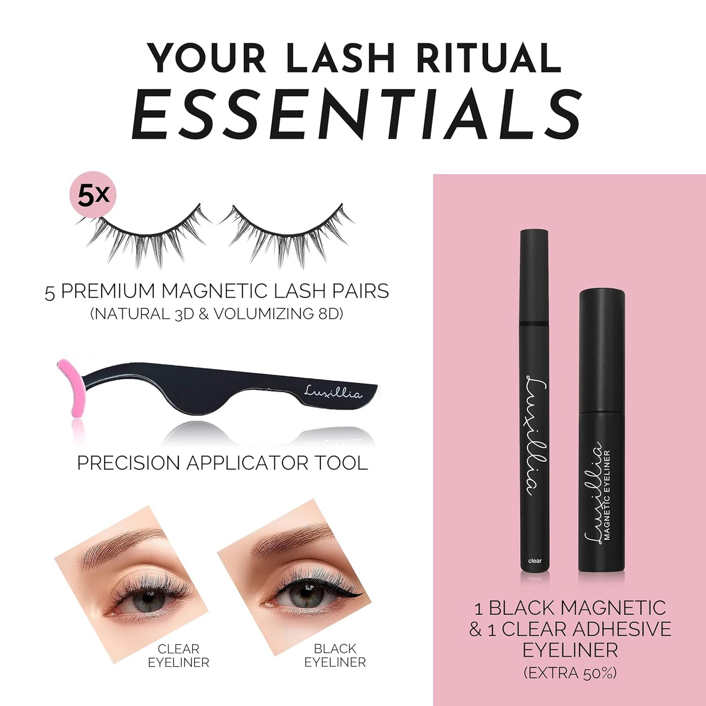 Magnetic Eyelashes Kit – 8 Piece (Clear & Black) Magnetic Eyelash & Eyeliner Set with Applicator – Natural Look Easy Apply Reusable Fake Extension Lashes, No Glue Magnéticas Naturales