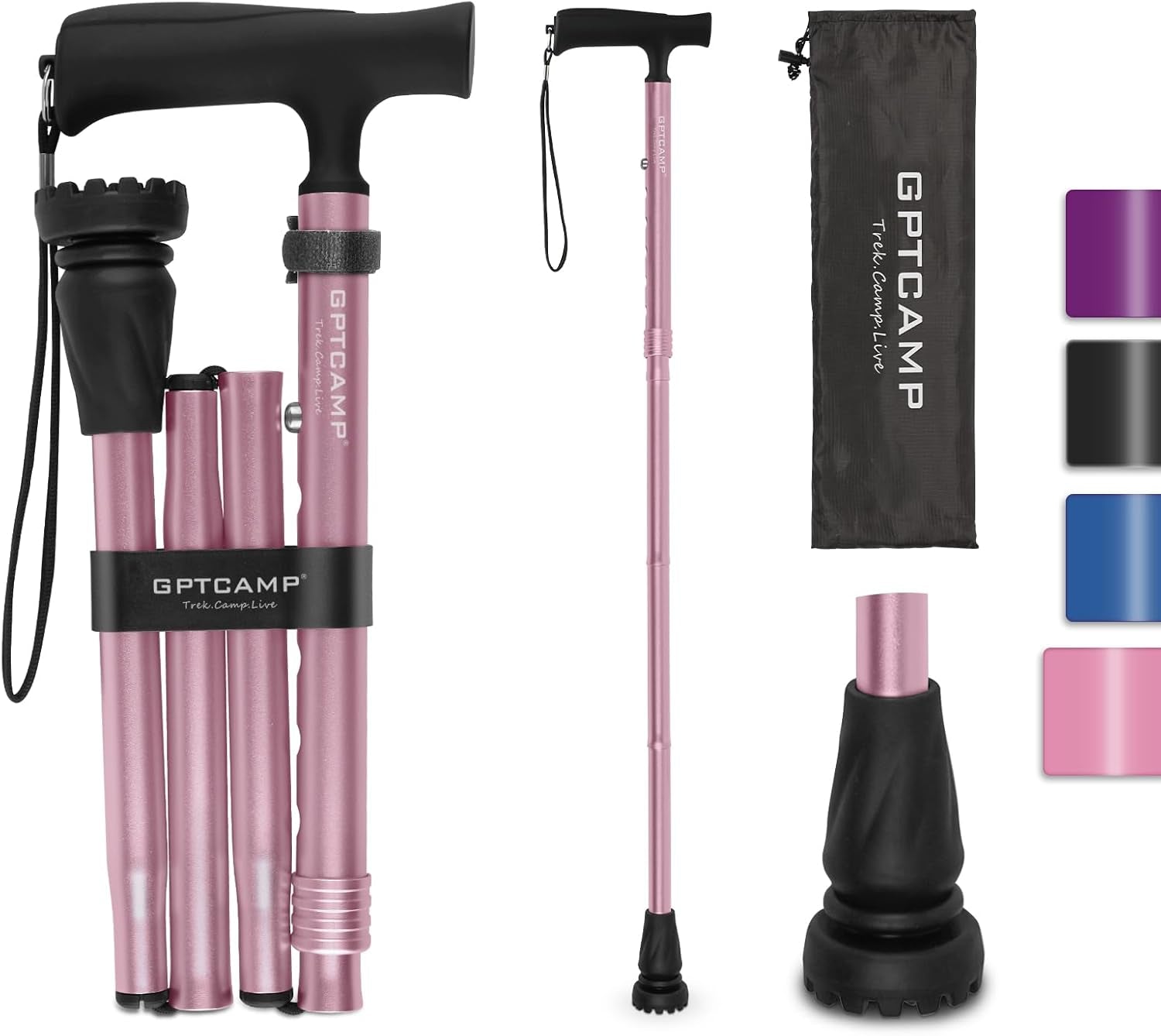 G2 Walking Stick, Fold-Up Walking Cane for Women and Men with Wrist Strap, Portable, Foldable, Collapsible, Lightweight and Sturdy with Comfortable T Handle