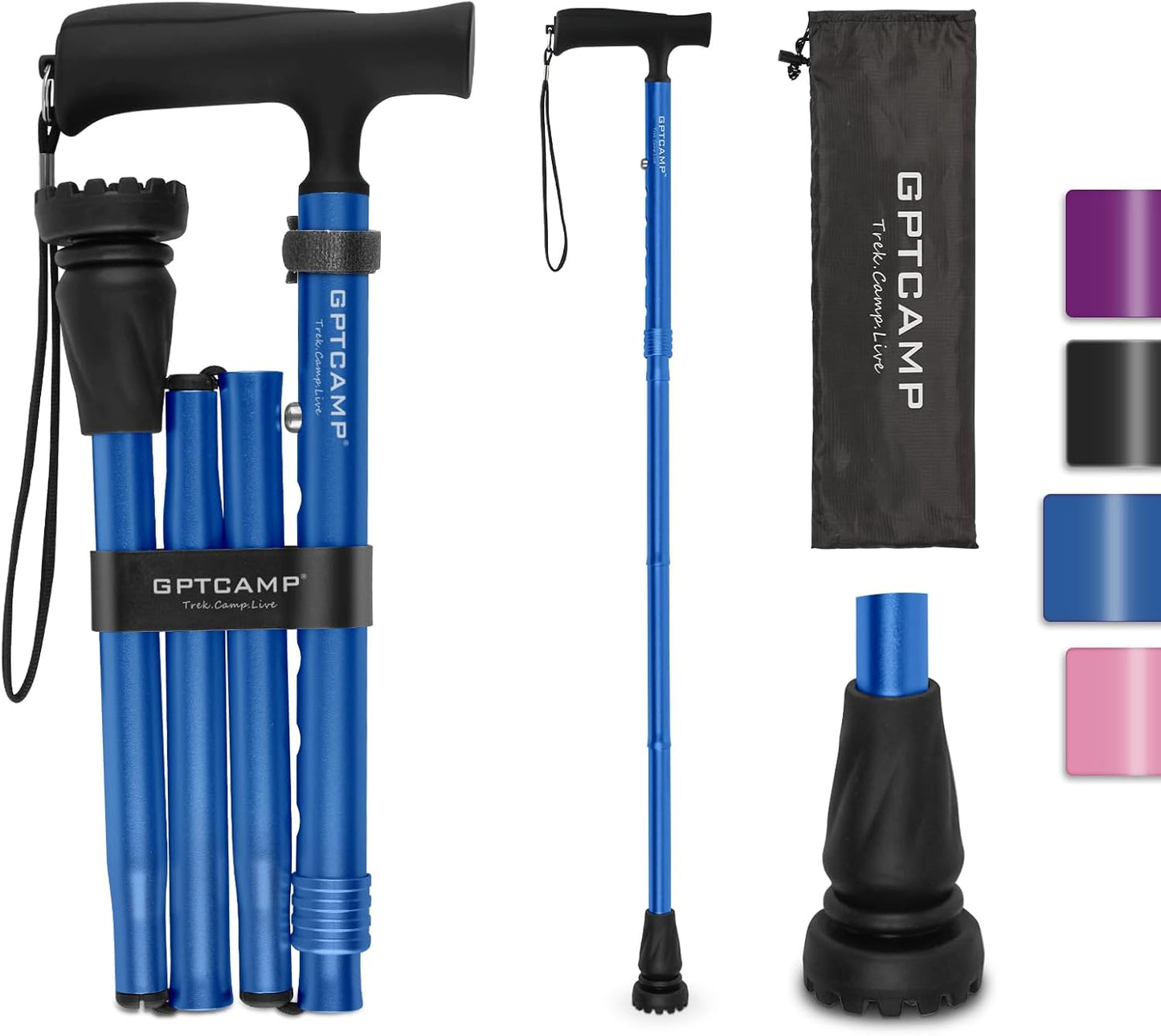 G2 Walking Stick, Fold-Up Walking Cane for Women and Men with Wrist Strap, Portable, Foldable, Collapsible, Lightweight and Sturdy with Comfortable T Handle