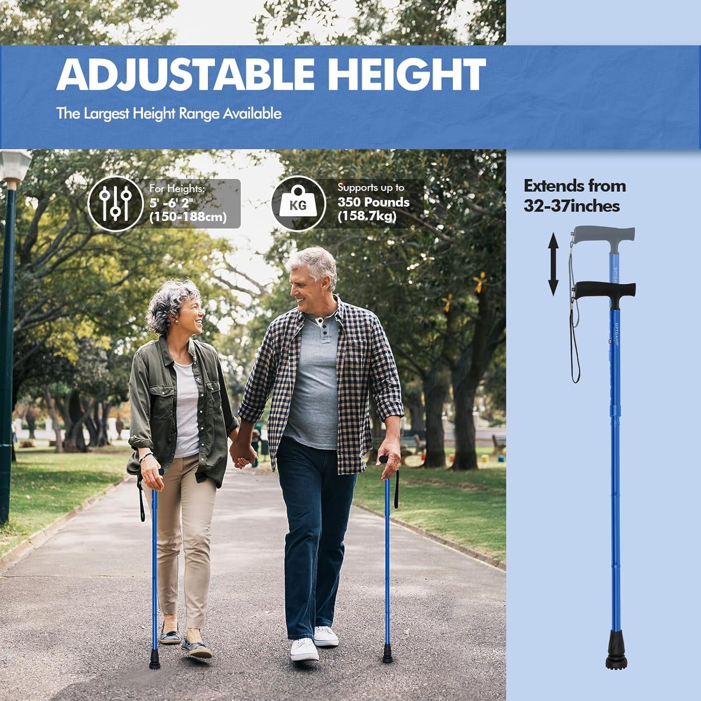 G2 Walking Stick, Fold-Up Walking Cane for Women and Men with Wrist Strap, Portable, Foldable, Collapsible, Lightweight and Sturdy with Comfortable T Handle