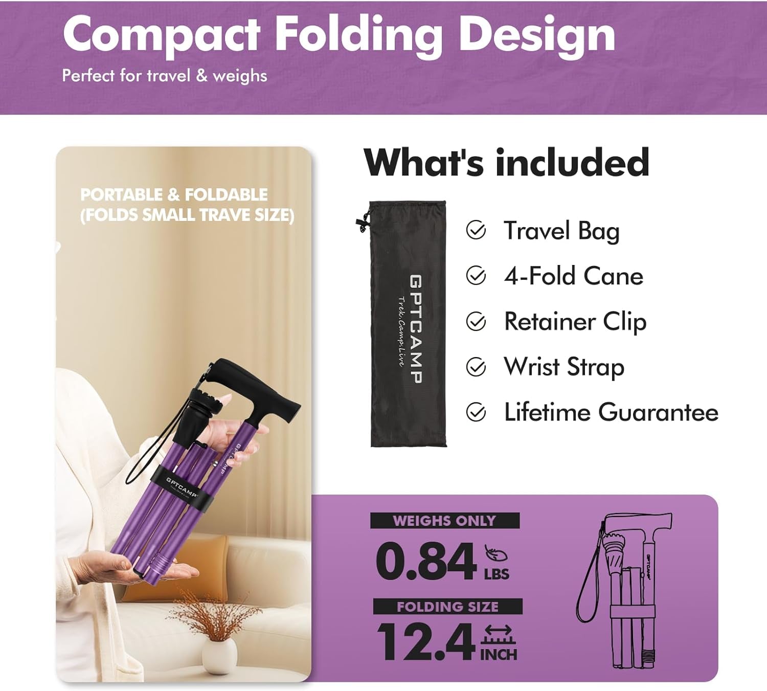 G2 Walking Stick, Fold-Up Walking Cane for Women and Men with Wrist Strap, Portable, Foldable, Collapsible, Lightweight and Sturdy with Comfortable T Handle