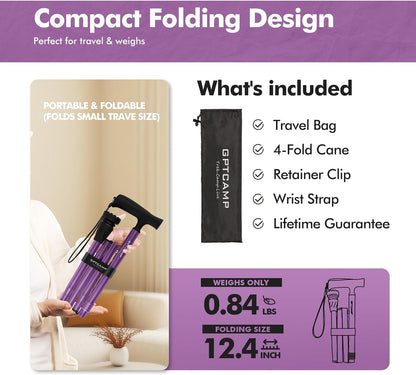 G2 Walking Stick, Fold-Up Walking Cane for Women and Men with Wrist Strap, Portable, Foldable, Collapsible, Lightweight and Sturdy with Comfortable T Handle