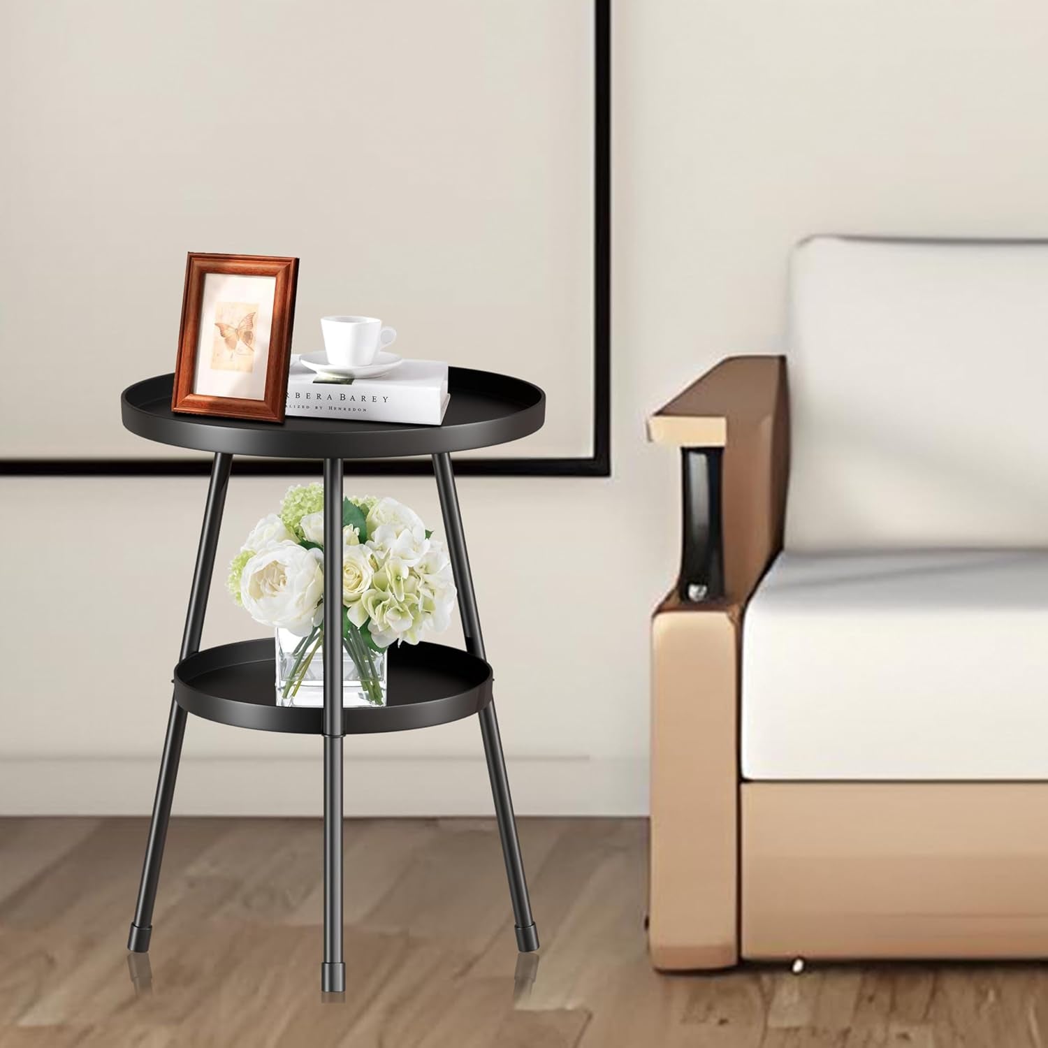 round Metal Side Table Small End Table for Indoor Outdoor, Mid Century Modern Decor, Simple Circle Accent Table for Living Room Bedroom Bathroom Office All Matte Black