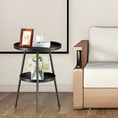 round Metal Side Table Small End Table for Indoor Outdoor, Mid Century Modern Decor, Simple Circle Accent Table for Living Room Bedroom Bathroom Office All Matte Black