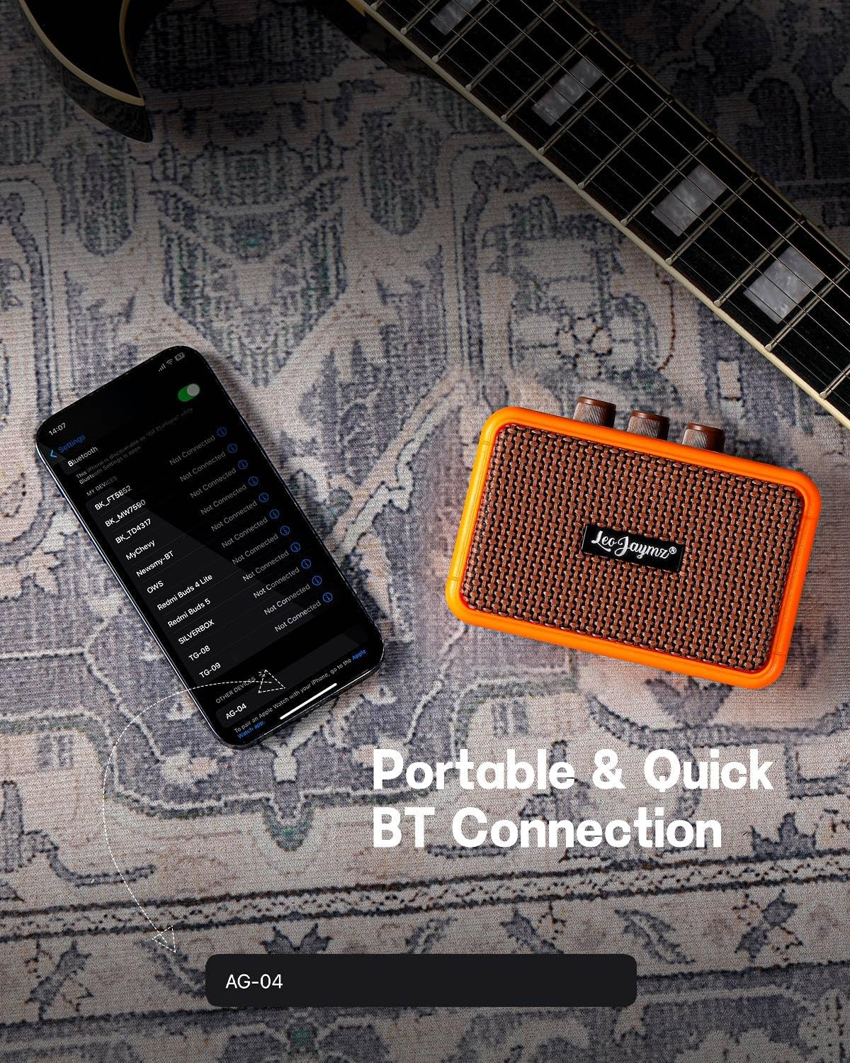 Mini Guitar Amplifier - 5W Dual Speaker BT Wireless Guitar Amp， Rechargeable Battery, Clean/Overdrive Modes, Headphone Jack,Ideal for Practice & Performance (Orange)