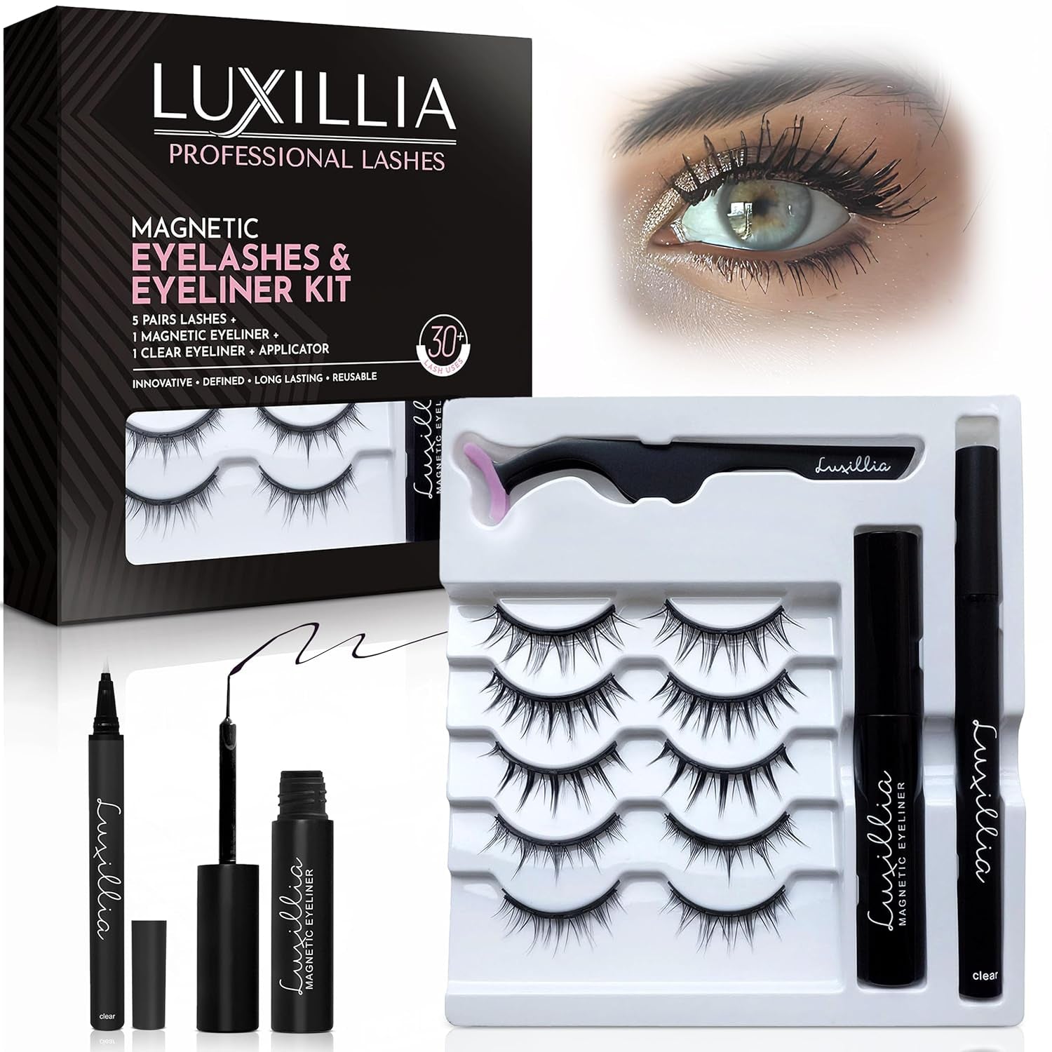 Magnetic Eyelashes Kit – 8 Piece (Clear & Black) Magnetic Eyelash & Eyeliner Set with Applicator – Natural Look Easy Apply Reusable Fake Extension Lashes, No Glue Magnéticas Naturales