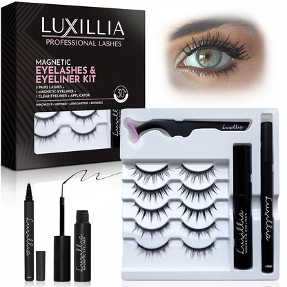 Magnetic Eyelashes Kit – 8 Piece (Clear & Black) Magnetic Eyelash & Eyeliner Set with Applicator – Natural Look Easy Apply Reusable Fake Extension Lashes, No Glue Magnéticas Naturales