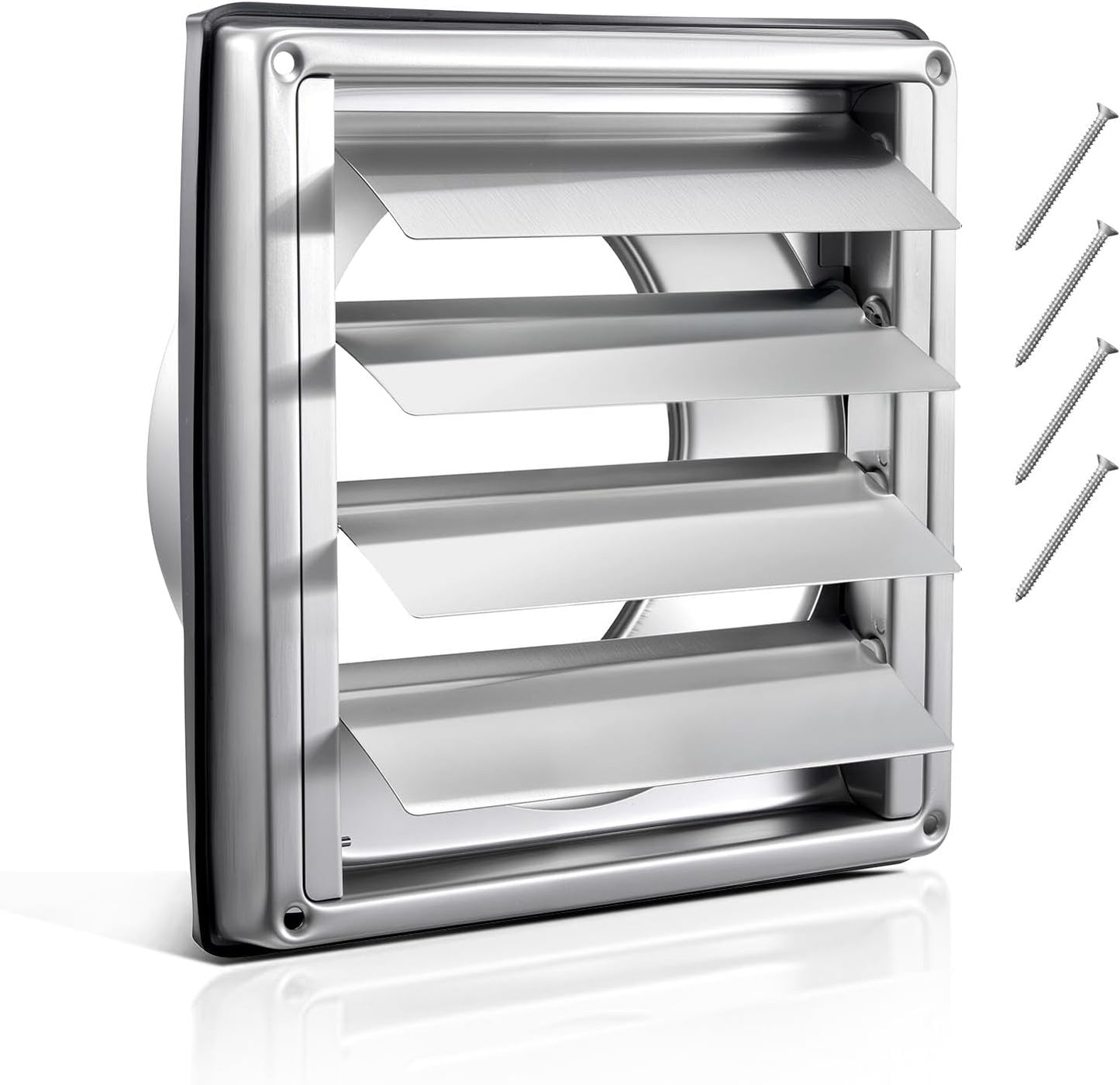 6 Inch Wall Vent Cover, Louvered Square AC Vent Gable Cover, Premium Stainless Steel & with Noise Reducing Rubber Gasket, for House,Bathroom,Garage,Kitchen,Basement (1 Pack, Silver)