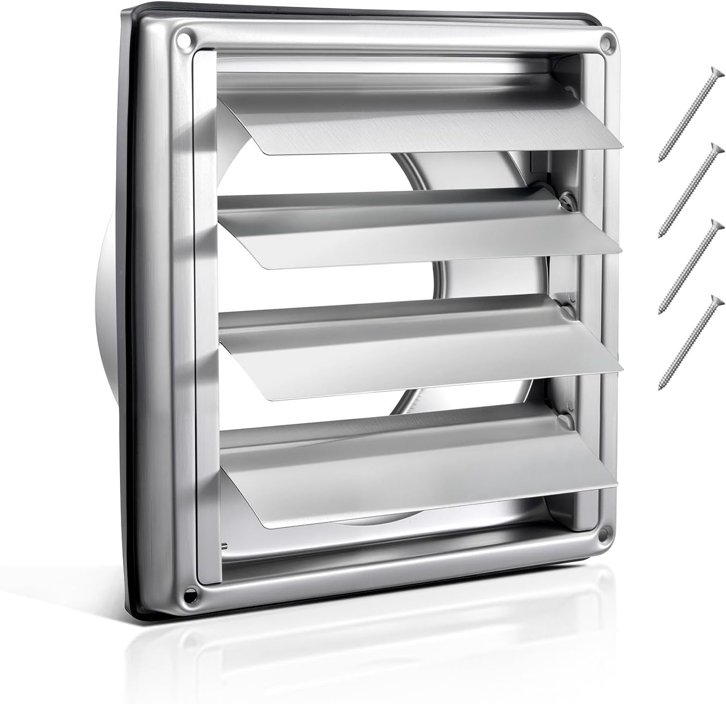 6 Inch Wall Vent Cover, Louvered Square AC Vent Gable Cover, Premium Stainless Steel & with Noise Reducing Rubber Gasket, for House,Bathroom,Garage,Kitchen,Basement (1 Pack, Silver)