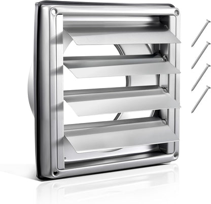6 Inch Wall Vent Cover, Louvered Square AC Vent Gable Cover, Premium Stainless Steel & with Noise Reducing Rubber Gasket, for House,Bathroom,Garage,Kitchen,Basement (1 Pack, Silver)
