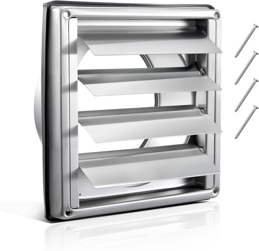 6 Inch Wall Vent Cover, Louvered Square AC Vent Gable Cover, Premium Stainless Steel & with Noise Reducing Rubber Gasket, for House,Bathroom,Garage,Kitchen,Basement (1 Pack, Silver)