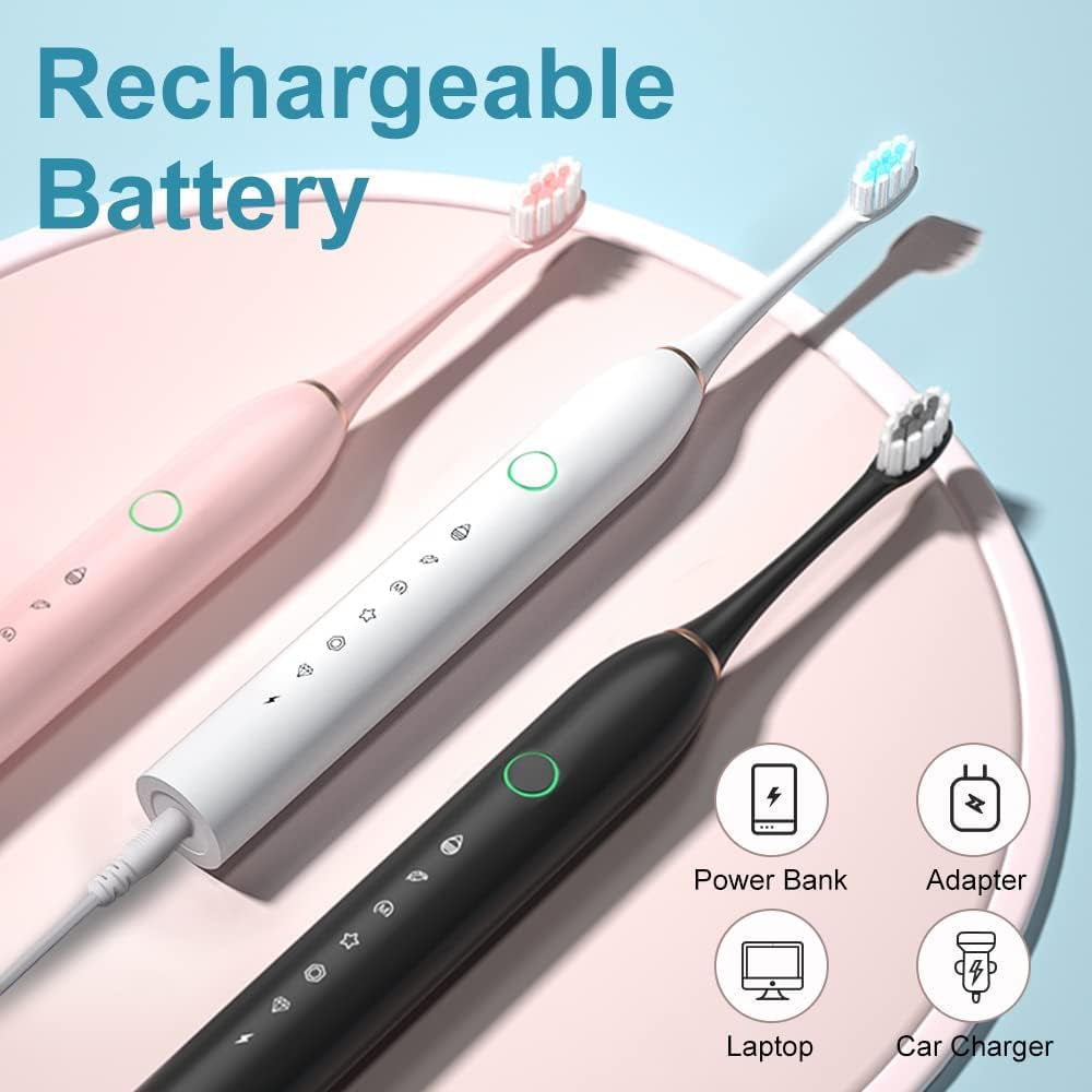 Electric Toothbrush for Adults and Kids, Wireless Rechargeable Tooth Brush with 6 Replacement Heads, 6 Modes, Deep Clean Sonic Toothbrush to Protect Gums, USB Fast Charging, 2 Minute Timer