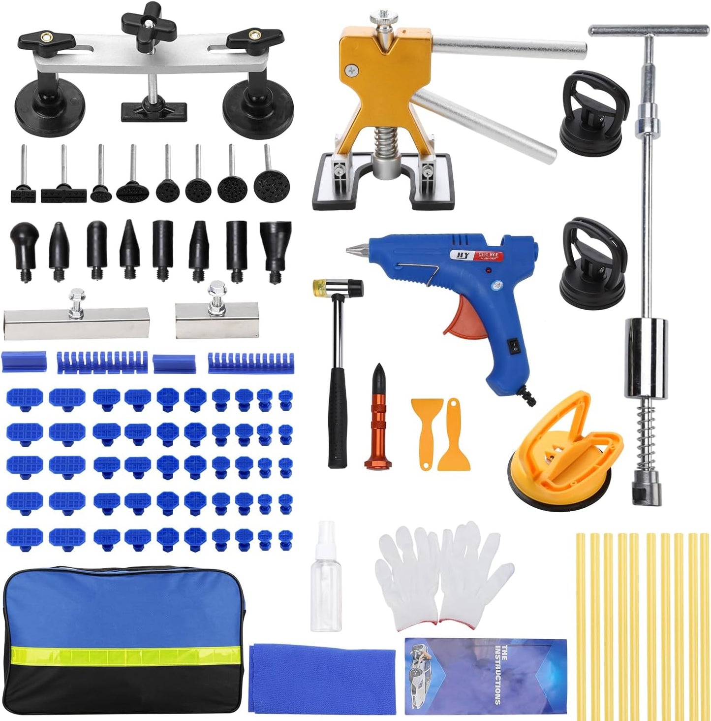 97PCS Dent Puller Kit, Paintless Auto Body Dent Repair Kit with Golden Lifter, Slide Hammer T-Bar Dent Puller, Bridge Puller, Suction Cup and Glue Gun for Car Dent Remove Auto Body Dent Removal Kit
