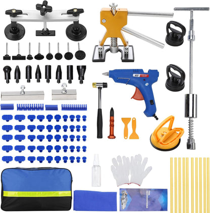 97PCS Dent Puller Kit, Paintless Auto Body Dent Repair Kit with Golden Lifter, Slide Hammer T-Bar Dent Puller, Bridge Puller, Suction Cup and Glue Gun for Car Dent Remove Auto Body Dent Removal Kit